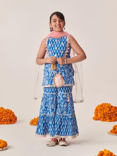 Pspeaches Girl's Cotton Sharara Set (Sha-Bluemirroryoke-2-3Y_Blue
