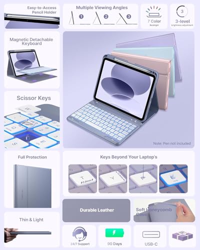 Image of typecase Folio Keyboard Case for iPad A16 (11th, 2025) & iPad 10th Gen 10.9 inch (2022), Magnetic Wireless Detachable Keyboard, 7-Color Premium Backlight, Thin & Light, Pencil Holder - Lavender