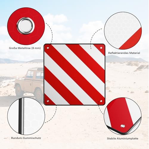 Wiltec 2in1 rot weiße Warntafel Spanien und Italien 50 x 50 cm, Fahrradträger Schild aus Aluminium, Warnschild für Heckträger reflektierend