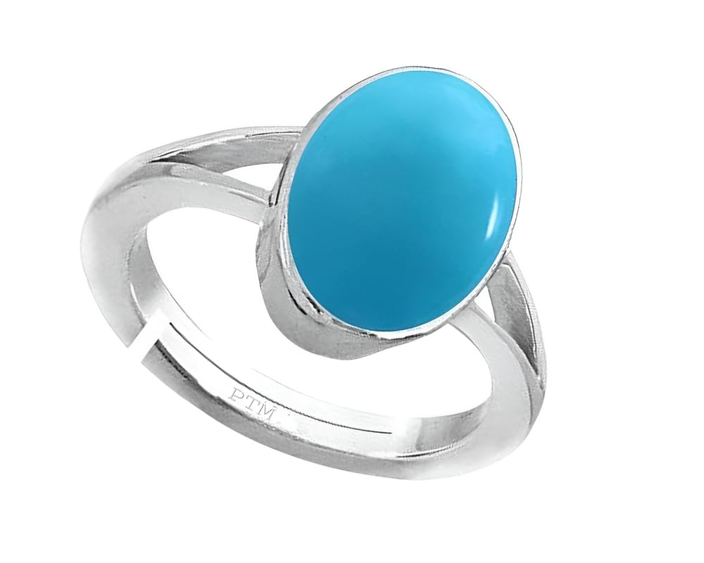 PTM Natural Turquoise/Firoza 3.25 to 10.25 Ratti or 3.00 to 9.50 Carat Astrological Certified Gemstone Pure Sterling Silver/925 bis Hallmark Adjustable Ring for Men Women