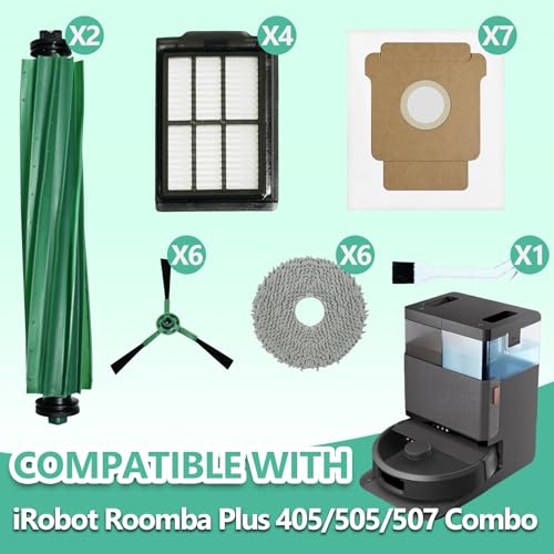 Image of 26 Pcs Replacement Parts Compatible with iRobot Roomba 505X Combo, Plus 405 Combo /505 Combo /507 Combo Vacuum:2 Main Brushes, 7 Dust Bags, 6 Mop Pads, 4 Filters, 6 Side Brushes and 1 Cleaning Tool