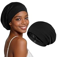 Kiiwah Schlafhaube zum Schlafen, Bambusfaser Schlafmütze Unisex Verstellbare Schlafhaube Seide, Weiche Satin Haarhaube Schlafmütze für Die Nacht, Silk Bonnet Haare für Damen Herren(Schwarz