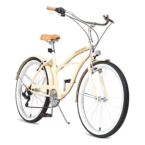 ACEGER 24 26 Inch Women Beach Cruiser Bike, Single Speed and 7 Speed, Adult Hybrid Bike Commuter Bicycle, Hi-Ten Steel Frame with Adjustable Handlebar and Saddle, Multiple Colors Cover