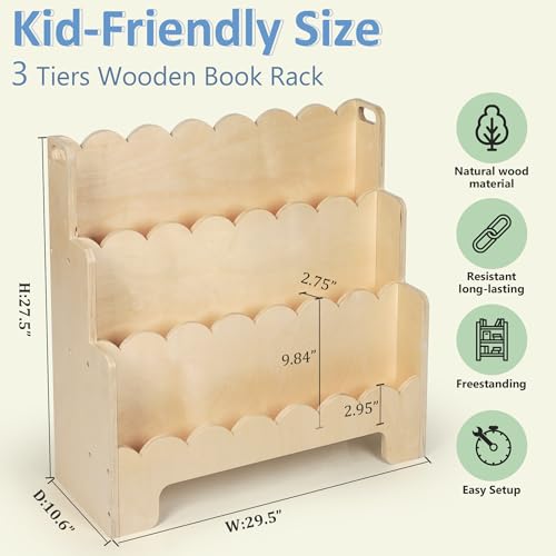 Tohiasen Kids Bookshelf Wooden 3-Tier, Scalloped Book Shelf for Kids Rooms, Front Facing Toddler Montessori Bookshelf, Baby Nursery Book Shelves Kids Classroom Bookshelf Bookcase