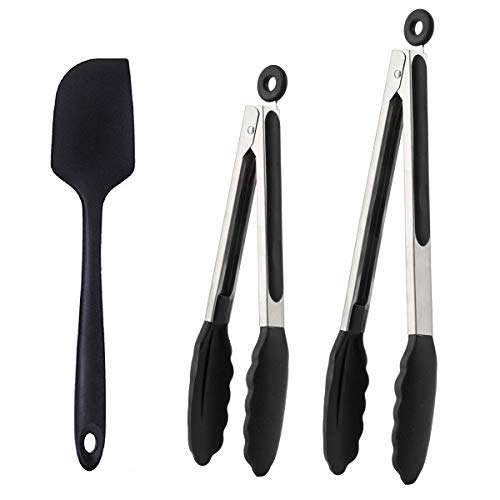 BGLINKAL Kitchen Tongs Set: 12-Inch & 9-Inch Non-Stick Silicone Tips with Stainless Steel for BBQ and Cooking - Includes Bonus Spatula