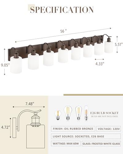 Image of 8-Light Wall-Mounted Vanity Fixture, Frosted Glass Over Mirror Lighting, Oil Rubbed Bronze Finish,VL01ORBW-8