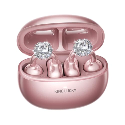 Kinglucky Jewelry-Inspired Clip-On Earbuds with Diamond Earrings, Comfortable Fit & 40H Playtime Open Ear Bluetooth 5.4 Wireless Headphones for Women, Small Ears, Valentine's Day Gifts (Rose Gold)