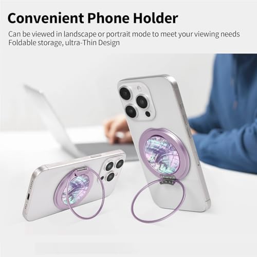 Magnetic Phone Ring Grip,Ultra Thin Phone Kickstand with Finger Loop Strap, Lightweight Phone Ring Holder for Mag Safe iPhone 16/15/14/13/12 Series (Purple Shell)