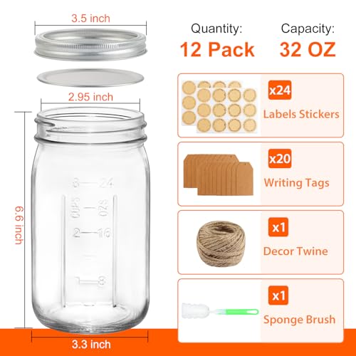 12 Pack 32 oz Clear Glass Mason Jars, Airtight Lids & Bands for Preserving, Canning & Meal Prep