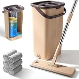 MASTERTOP Balai Serpillière et Seau Essoreur, Balai Microfibre Rotatif 360° et Seau à 2 Compartiments, Serpillière de Mains Libre pour Nettoyage de Sol, avec 6 Tampons Réutilisables (Beige)