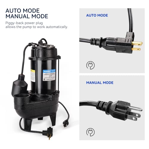Image of Acquaer 3 /4HP Submersible Sewage Effluent Pump, Cast Iron, 115V 6400 GPH Automatic Tethered Float Switch, Sump Pump for Sump Basin, Basement, Residential Sewage, 2'' NPT Discharge