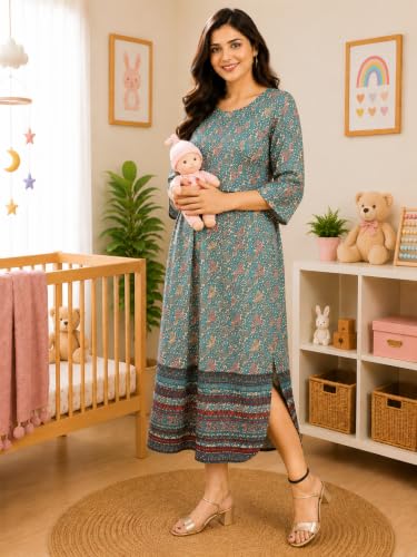 Image of RITIJYA Zipless Feeding Kurta Dress for Women | Maternity Nursing Kurti, No-Zip Easy Access | Extra Pleats Pre to Post Pregnancy | Quick-Dry Fabric | S-4XL