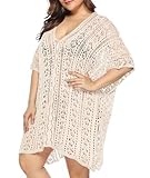 Swimsuit Coverup for Women Plus Size Knit Crochet Bathing Suit Cover Ups Hollow Out Outfits Beach Cover Up Bikini Dress, Beige Crochet Plus Size