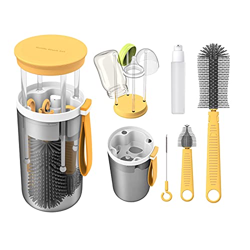 Image of Rrwin Baby Bottle Brush,Todder Nursing Bottle Silicone Brush Travel Set with Nipple Cleaner and Drying Rack,Yellow