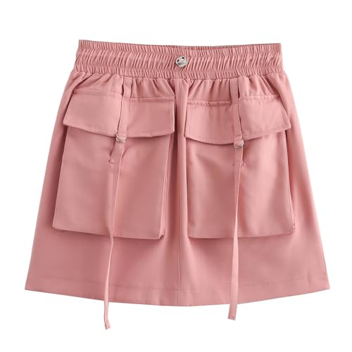 Women's Fashion Cargo Short Skirt, Elastic Waist Loose Casual Sports Skirts Solid Color Basic Daily Wear with Pockets