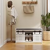 RASOO Shoe Storage Bench with Sliding Barn Doors, White Shoes Bench Cabinet with Grey Cushion, Adjustable Shelves (2 Sliding Doors and Open Cabinet)