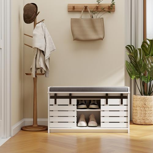 RASOO-Shoe-Storage-Bench-with-Sliding-Barn-Doors-White-Shoes-Bench-Cabinet-with-Grey-Cushion-Adjustable-Shelves-2-Sliding-Doors-and-Open-Cabinet RASOO Shoe Storage Bench with Sliding Barn Doors White Shoes Bench Cabinet with Grey Cushion Adjustable Shelves 2 Sliding Doors and Open Cabinet