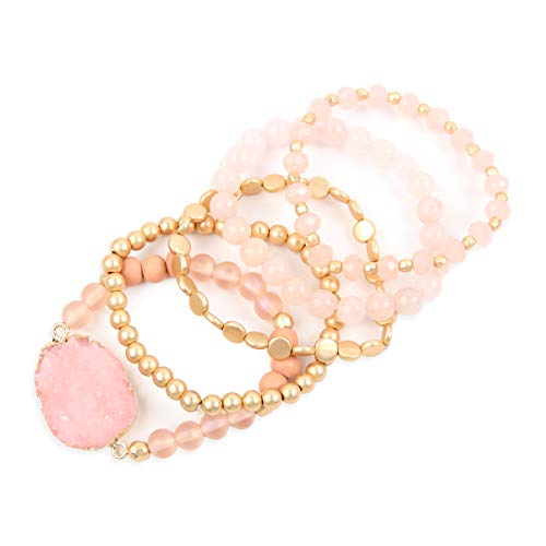 Bohemian Versatile Multi-Layer Bead Statement Bracelet - Stretch Strand Stackable Cuff Bangle Set Sparkly Crystal, Acrylic Druzy, Pave Fireball (Acrylic Druzy & Natural Stone Bead Pink Rose Quartz) #TOP1