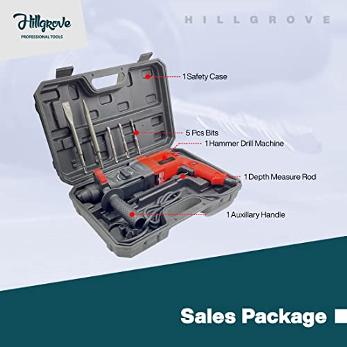 Image of Hillgrove HGHD26RD4 All Purpose 26mm Hammer Impact Drill Machine Forward /Reverse Rotation with 5 Bits for Making Holes in Metal /Wood /Concrete Hammer Drill (26 mm Chuck Size, 1200 W)