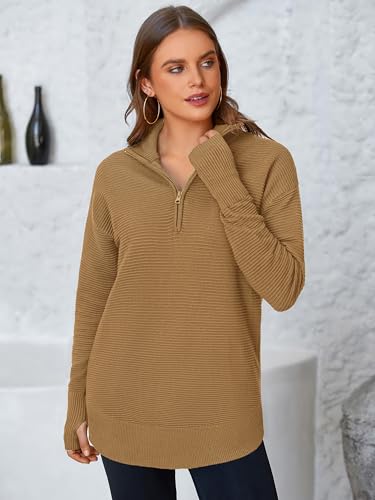 Image of PRETTYGARDEN Womens Long Sleeve Quarter Zip Pullover Sweater | Casual Loose V Neck Sweaters with Thumb Hole, Collared Ribbed Knit Jumper Tops, Oversized Tunic Tops, Fall Outfits 2026