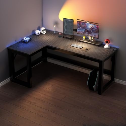 TIMDU 大型L字デスク コーナーゲーム デスク オフィス 省スペース パソコンデスク 配線穴付き 勉強机 作業机 頑丈なフレーム左右入替 作業 在宅勤務 省スペース 組立簡単 在宅勤務書斎、収納 オフィス (炭素繊維,180*100*75cm)