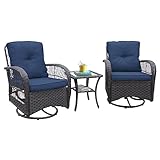 Skypatio 3 Piece Wicker Patio Furniture Bistro Set with 2 Rattan 360° Swivel Rocking Chairs with Cushions and Tempered Glass Coffee Table for Porch, Backyard, Garden, Balcony or Indoor(Navy Blue)