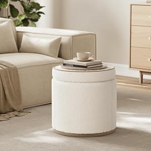 Round ottoman with storage ottoman foot rest boucle small ottoman foot stool vanity stool upholstered sherpa ottoman support 250 lbs for living room bedroom white  urban country home decor