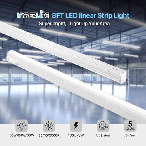 HYPERLITE 8FT LED Linear Strip Light Fixture: 80/64/50W LED Shop Lights 3500K/4000K/5000K CCT Selectable 1-10V Dimmable UL Listed 130lm/w Commercial LED Shop Lights for Garage Warehouse 4pack