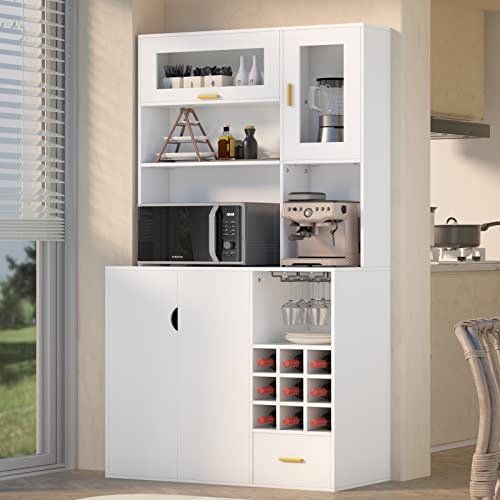 Pakasept Large Kitchen Pantry Storage Cabinet,Freestanding Hutch Cabinet With Grid Wine Racks, Microwave Space,Tempered Glass Doors And Drawer For Dining Room, Storage Buffet,White #TOP28