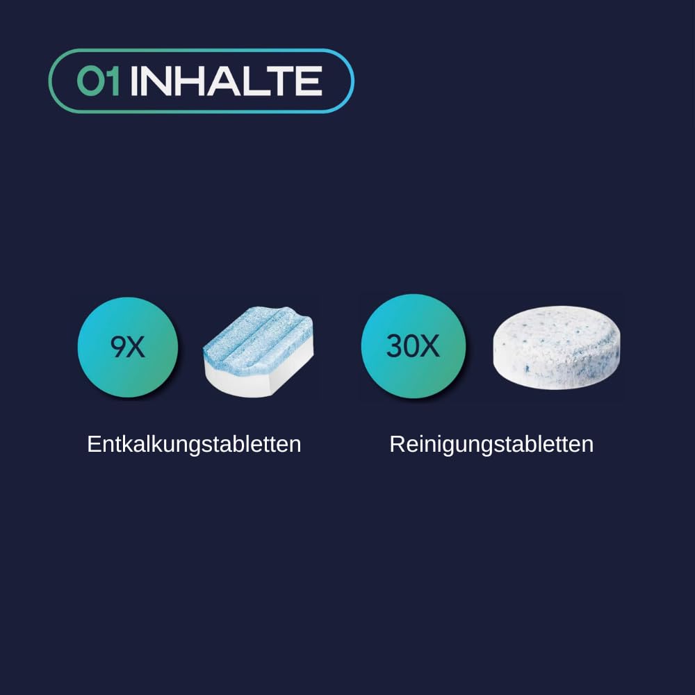 30x Reinigungstabletten & 9x Entkalkungstabletten, kompatibel mit Siemens EQ Series Kaffeevollautomaten - Reinigung Kaffeeautomat - Entfernt Kaffeeöle aus der Brüheinheit, entfernt Kalk