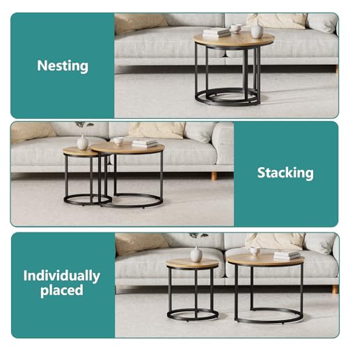 Color Brown Nesting Coffee Table Set of 2, 23.6 Round Coffee Table Brown Wood with Adjustable Non-Slip Feet, Industrial End Table Side Tables for Living Room Bedroom Balcony Yard