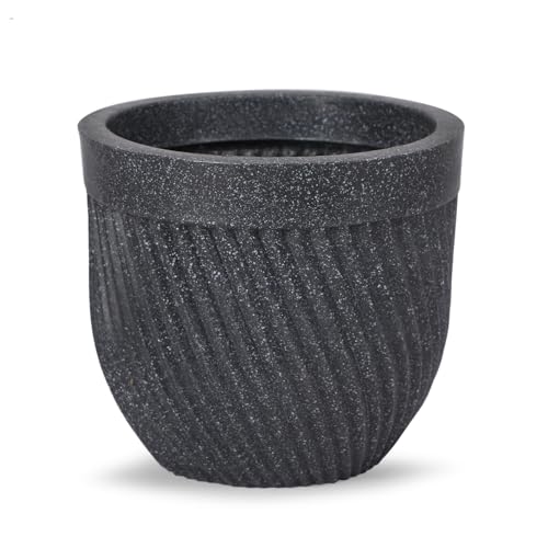 Bonkaso 12 Inch Seltos Ribbed Planter for Indoor & Outdoor Use | Round Heavy Duty Polymer Flower Pot | Lightweight Weather Resistant Modern Gamla for Living Room Balcony & Terrace (Dark Grey)