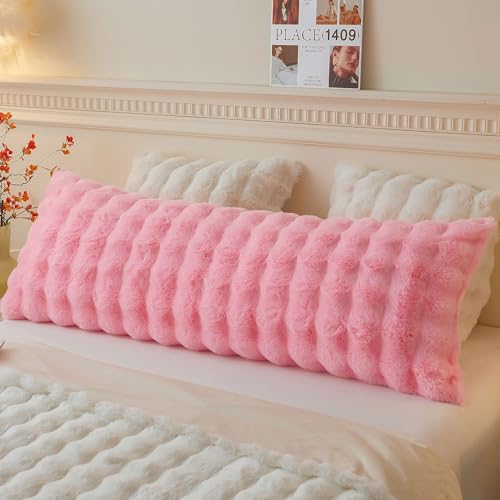 LIFEREVO Fluffy Faux Rabbit Fur Body Pillow Cover Soft Cute Bubble Waffle Shaggy Plush Bed Body Pillowcase with Zipper Closure Long 20x54 Fuzzy Furry Pillow Case for Pregnancy Side Sleeper Pink