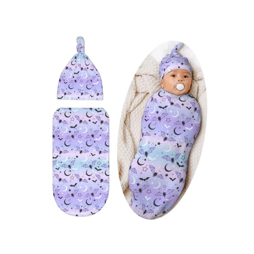 Image of Lcokin Halloween Gothic Swaddle Blanket Hat Set for Boys Girls, Goth Baby Stuff Newborn Receiving Blanket