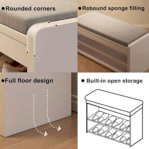 Panca da ingresso in legno con seduta imbottita e scarpiera, elegante mobile Halay per camera da letto e soggiorno, soluzione di archiviazione bianca
