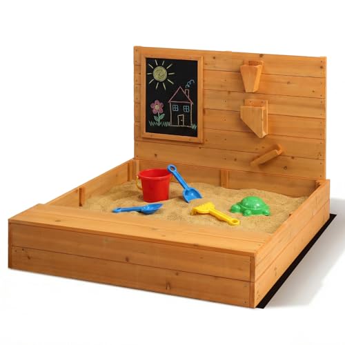 LEADZM Arenero de madera para niños con banco, pizarra y embudo, 120 x 115 x 76,5 cm, gran caja de arena para exteriores, para jardín, playa y parque, para niños de 3 a 12 años