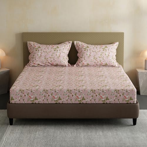 Image of Layers 100% Cotton Bedsheet for Double Size Bed | Lumina Floret Collection | 144 TC Soft & Breathable | Floral Print with 2 Pillow Covers | Wrinkle Free & Colorfast | 3 Piece Bedding Set - Pink