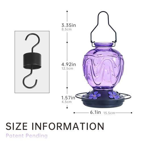 Image of Glass Hummingbird Feeder for Outdoors Hanging,24Ozs Humming Bird Nectar Feeder Perch,5 Flower Feeding Ports, Leak Proof Base and Hook for Outside Garden Backyard Decor, Gifts for Women Mom,Purple