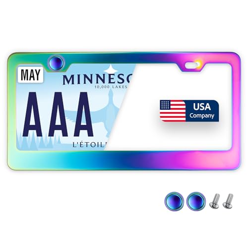 Image of Premium Slim Neo Chrome Aurora License Plate Frame - 1 Piece, Rust-Free Stainless Steel & Rattle-Free, Street Legal, Universal with Screw Caps, Thin Edged Metal Front or Rear Car Tag Holder Unisex