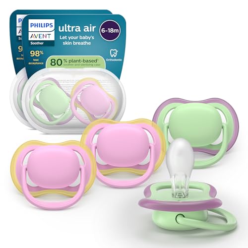 Philips Avent chupetes ultra air: diseño anatómico, para bebés de 6 a 18 meses, tetina simétrica de silicona suave, sin BPA, 2 estuches esterilizadores, paquete de 4, SCF087/25