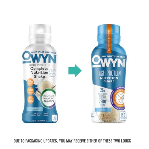 Image of OWYN Only What You Need High Protein Shake, Vanilla Flavored, 26g Protein, 0g Sugar, 3g Fiber, Dairy Free, Plant Based Protein Drink, 12 Count
