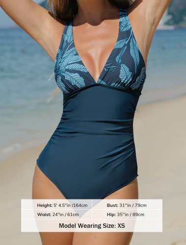 Cupshe One Piece Swimsuit For Women Bathing Suit Tummy Control Deep V Neck Cross Back Floral Print L, Navy Blue #TOP3