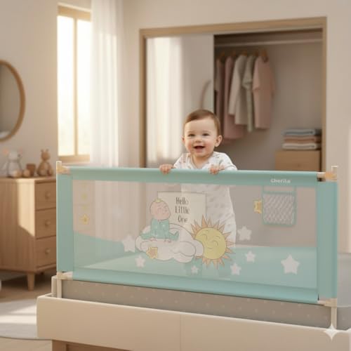 Image of Cherilo Bed Railing for Baby Safety - Foldable & Height Adjustable Railing for Toddler's Safety, 180cm x 73cm Protector for Baby, Collapsible Bed Protector Side Walls - Sea Green