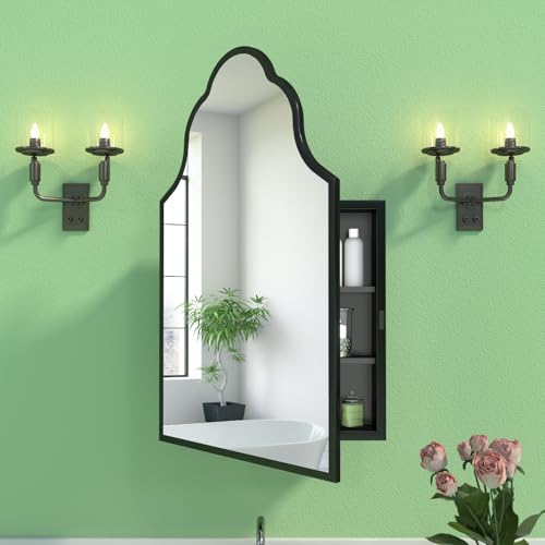 viechanro Black Medicine Cabinet with Mirror, 20x32 Inch Recessed or Surface Mount Medicine Cabinet for Bathroom with 2 Metal Shelves, Full Metal, Modern Arched Mirror with Storage, Easy Installation