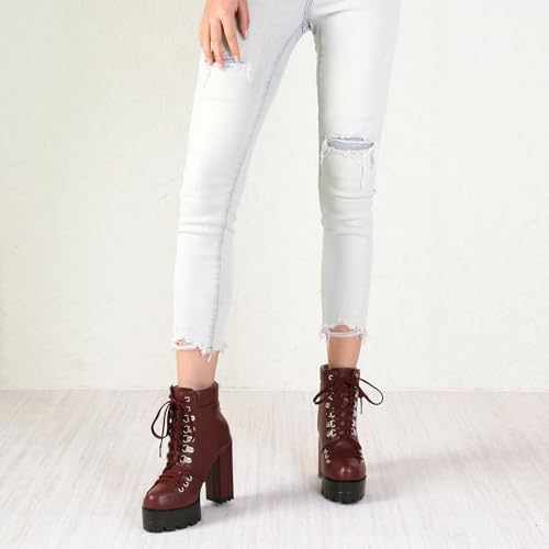 Image of Susanny Sexy High Heels for Women Boots Round Toe Platform Booties Lace Up Suede Side Zipper Ankle Bootie