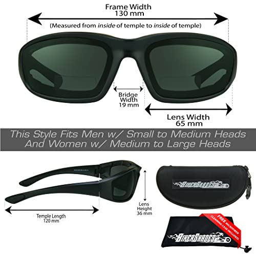 Bikershades Motorcycle Bifocal Safety Sunglass Z87 +2.50 Foam Padded Day Riding Men Women W/ Hard Case And Sunglass Strap #TOP1