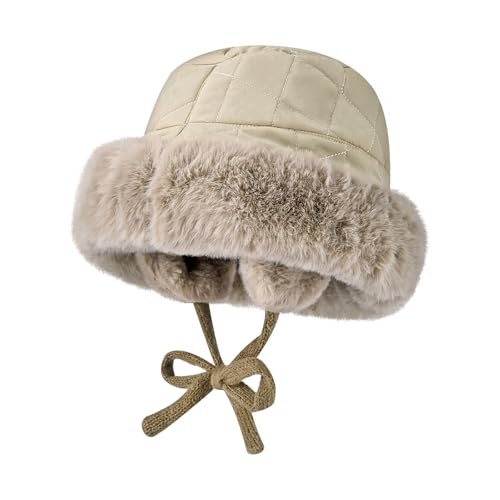 Yonchic Soft Faux Fur Plush Bucket Hat with Ear-Flaps for Women Men, Waterproof Adjustable Fisherman Hat with Fleece Lining (Beige)