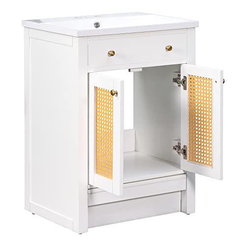 Merax 24" Bathroom Vanity W, Pull-Out Footrest, Combo Stand Storage Cabinet Set And Square Resin Sink Top, White #TOP3