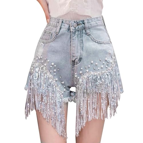 Short décontracté taille haute clouté à jambe large et glands pour femme
