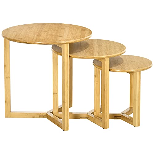 HOMCOM Lot de 3 Tables Basses gigognes Tables d'appoint Tables Rondes en Bambou Assemblage Facile Ø 48 x 48 cm/Ø 40 x 40 cm/Ø 32 x 32 cm